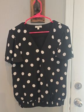 nine britton Black Blouse with White Polka Dots